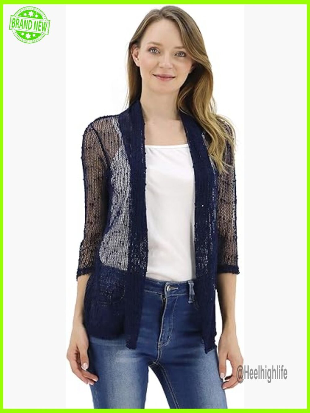3/4 Sleeve Lightweight Mesh Crochet Short Shrug Cardigan
